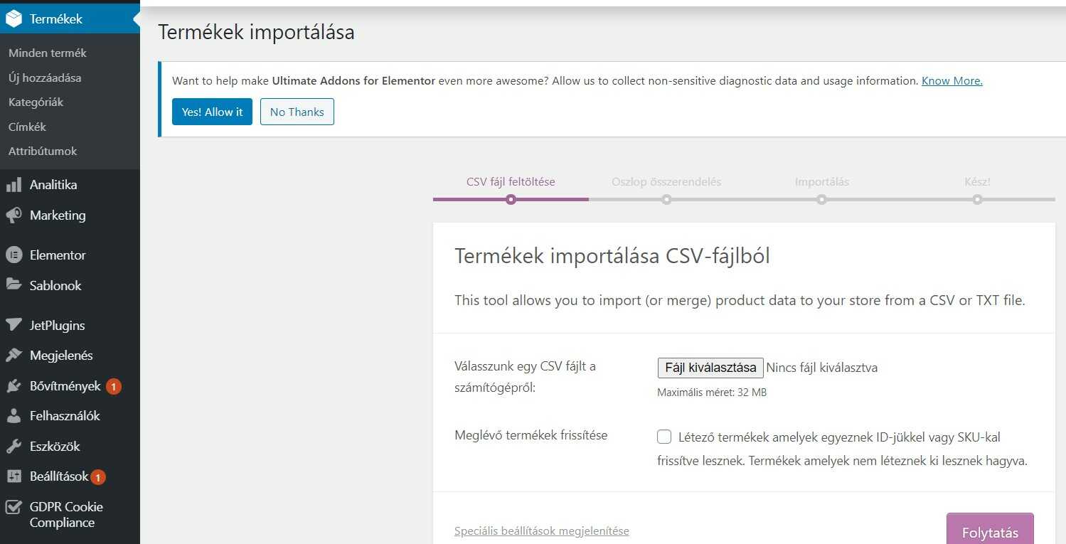 Woocommerce Export/Import hogyan - CSV importálása